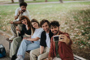 Five cheerful friends sitting on a park bench, enjoying time together and capturing moments through selfies with a smartphone, depicting outdoor leisure, connection, and happiness.