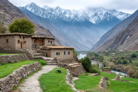 Traditional houses nestled in a picturesque valley in the himalayas showing greenery and snow capped mountains