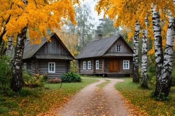 Wooden country houses surrounded by colorful autumn trees and fallen leaves