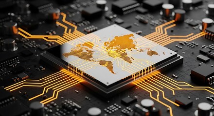 Global network connectivity visualized on advanced circuit board with glowing data streams