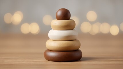 Obraz premium Beautiful Stacking Ring Toy for Toddlers Featuring Natural Wood with Soft Focus Background and Bokeh Lights for a Playful Atmosphere