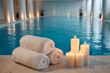 spa & goodness swimming pool candles and towels