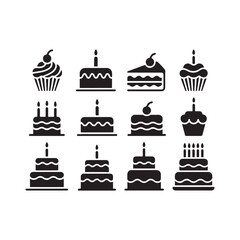 Collection of festive birthday cakes and cupcakes with candles silhouettes isolated on vector