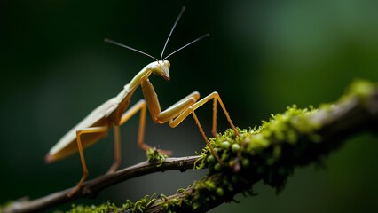 Detailed Macro Shot of Praying Mantis on Branch