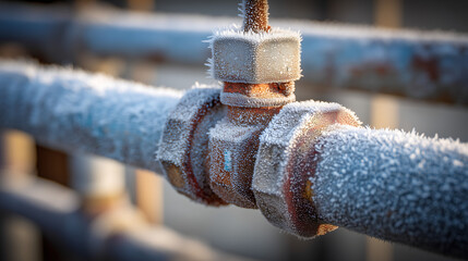 Frozen plumbing pipes close up, concept of winter damage
