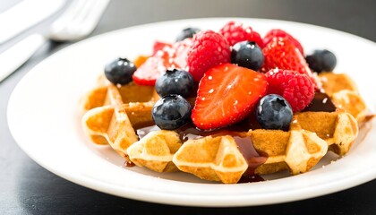 Delicious waffle topped with fresh berries and chocolate sauce