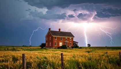 A weathered farmhouse in a golden field during a dramatic thunderstorm