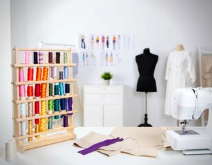 A vibrant and organized fashion design studio, showcasing a sewing machine, mannequin, colorful threads, and fashion sketches. This inspiring workspace embodies creativity, craftsmanship, and the art 