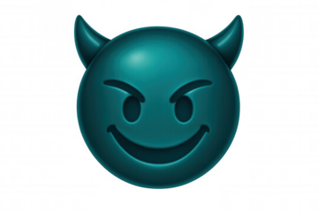 Teal devil emoji expressing ironic grin, raised eyebrows, floating on transparent backdrop, perfect for digital communication design