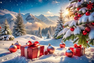 Photo of festive christmas gifts and ornaments nestled in fresh snow with snowcovered pine trees and majestic mountains in the background during a sunny winter day