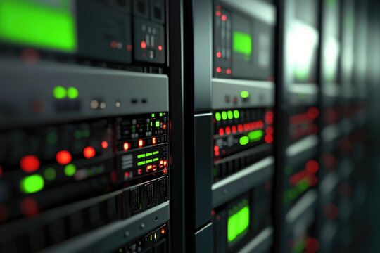 Close up view of computer server equipment with glowing indicator lights in a modern data center, representing IT infrastructure, cloud computing, secure storage, and digital networking