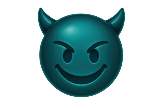 Teal devil emoji expressing ironic grin, raised eyebrows, floating on transparent backdrop, perfect for digital communication design