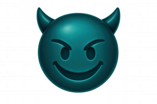 Teal devil emoji expressing ironic grin, raised eyebrows, floating on transparent backdrop, perfect for digital communication design
