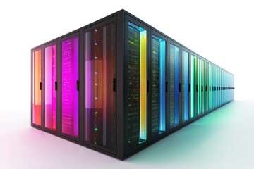 Obraz premium Modern data center with futuristic server racks glowing in gradient neon lights, representing cloud computing, IT infrastructure, secure storage, and high performance digital networking