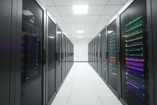 3D rendering of modern data center aisle with two rows of server racks glowing with colorful LED lights, symbolizing cloud computing, IT infrastructure, secure storage, and high performance networking