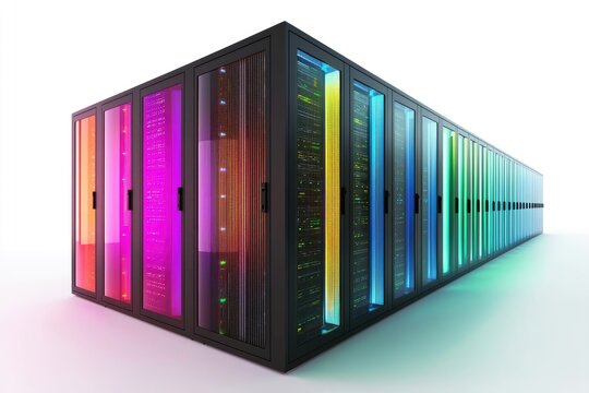 Modern data center with futuristic server racks glowing in gradient neon lights, representing cloud computing, IT infrastructure, secure storage, and high performance digital networking