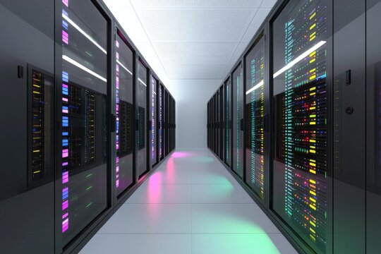 Futuristic data center aisle with two rows of glass door server racks glowing in colorful LED lights, symbolizing cloud computing, IT infrastructure, advanced storage, and secure networking