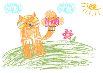 Children's drawing with wax crayons, pastels