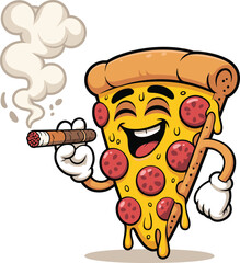 Funny cartoon pizza slice smoking cigar, humorous food character, cool pepperoni slice illustration, quirky fast food art, vector design