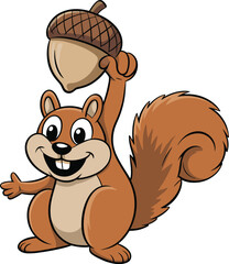 Happy cartoon squirrel holding big acorn, cute woodland animal character, autumn forest wildlife, fun kids illustration, vector mascot design