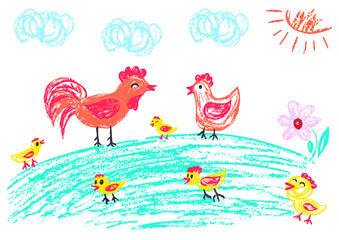 Children's drawing with wax crayons, pastels