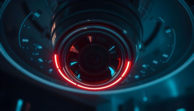 Close-up of a futuristic security camera with red and blue glowing elements, mounted on a ceiling.
