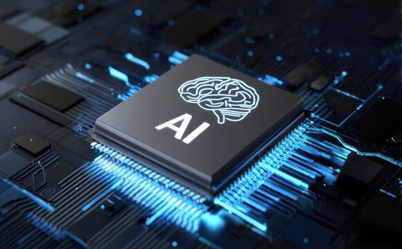 Close up 3D rendering of AI processor chip with brain symbol glowing on circuit board, representing artificial intelligence, machine learning, advanced computing, data processing, and innovation