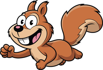 Happy cartoon squirrel running in autumn forest, cute woodland animal character, playful wildlife scene, fall nature background, children illustration