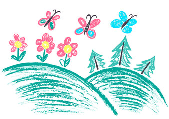 Children's drawing with wax crayons, pastels