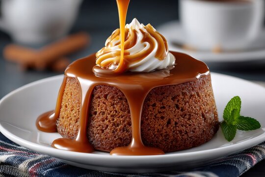 Delicious sticky toffee pudding drizzled with caramel sauce and whipped cream