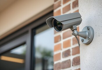 Security camera mounted on a building's exterior wall, providing surveillance and monitoring of the area.