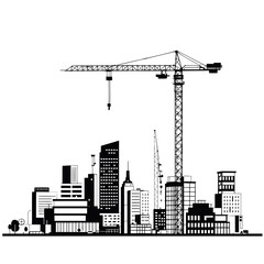 Industrial cityscape with cranes and urban construction site development
