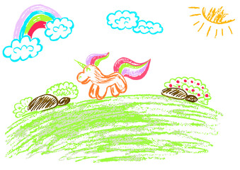Children's drawing with wax crayons, pastels