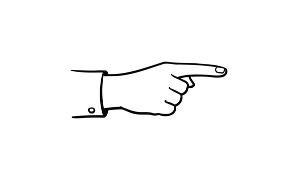 Black and white line drawing of hand pointing right with index finger. Vector retro hand drawn illustration