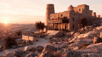 Ancient castle overlooking desert oasis at sunrise in al ula, saudi arabia