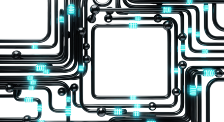 Sleek metallic conduits, obsidian spheres, and pulsating cyan data nodes forming a futuristic frame on a transparent background, concept of advanced cybernetic technology