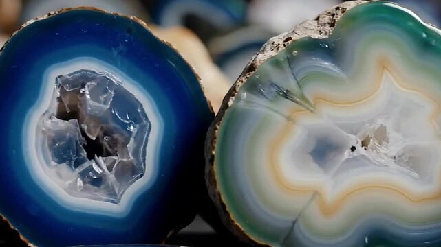 Two halved geodes one blue and the other green showcasing their crystalline interiors