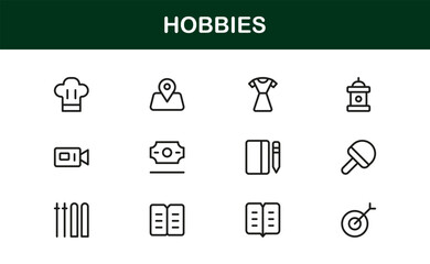Hobbies Line Icon Set – Professional Minimal Outline Symbols for Leisure Activities, Modern Vector Icons Collection