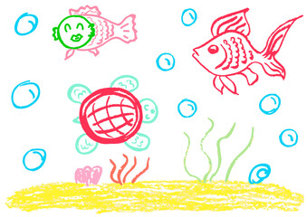 Children's drawing with wax crayons, pastels