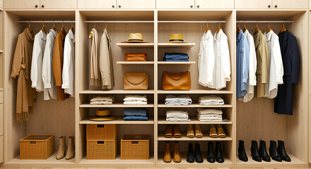 Organized walk in closet with neatly arranged clothing shoes and accessories on shelves and hanging rods