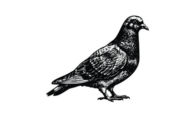 Fototapeta premium Black and white illustration of a detailed pigeon profile. Vector retro hand drawn illustration