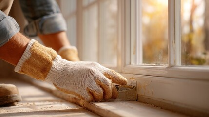 Worker sealing wooden window frame with putty in sunlight