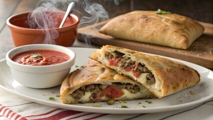 Delicious Classic Beef And Cheese Calzone Stuffed With Savory Beef And Melted Cheese, Served Golden Brown With A Side Of Marinara Dipping Sauce For A Hearty Italian-Inspired Meal