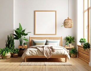 Serene Bedroom Interior with Plants and Blank Picture Frame.