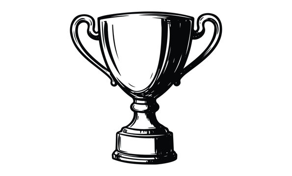 Monochrome vintage trophy cup illustration with ornate design and handles. Vector retro hand drawn illustration
