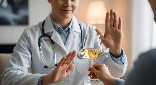 A doctor in a white coat raises a hand to refuse a glass of white wine offered by another person - Powered by Adobe