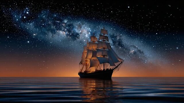 Sailing under the Milky Way: A majestic tall ship glides serenely across calm waters, beneath a starlit sky showcasing the vast expanse of the cosmos, evoking a sense of adventure and wonder.