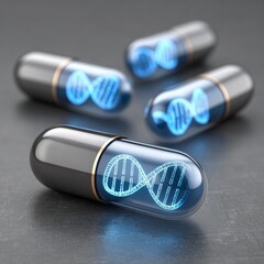 Biotech innovation in pharmaceutical lab research glowing capsules illustrating genetic discoveries