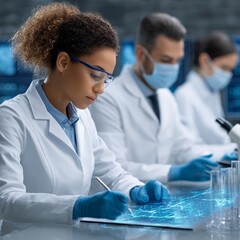 Innovative biotech lab research in pharma scientists collaborating on graphic data analysis for breakthroughs