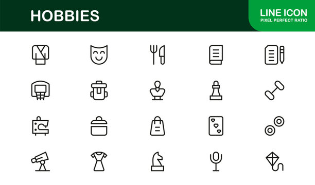 Hobbies Line Icon Set – Professional Minimal Outline Symbols for Leisure Activities, Modern Vector Icons Collection